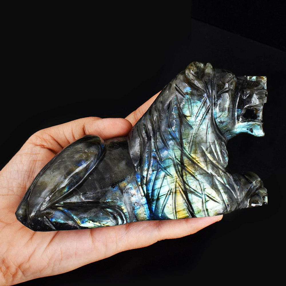 Amazing Flash Labradorite  3950.00 Cts  Genuine Hand Carved Crystal Gemstone Lion  Carving