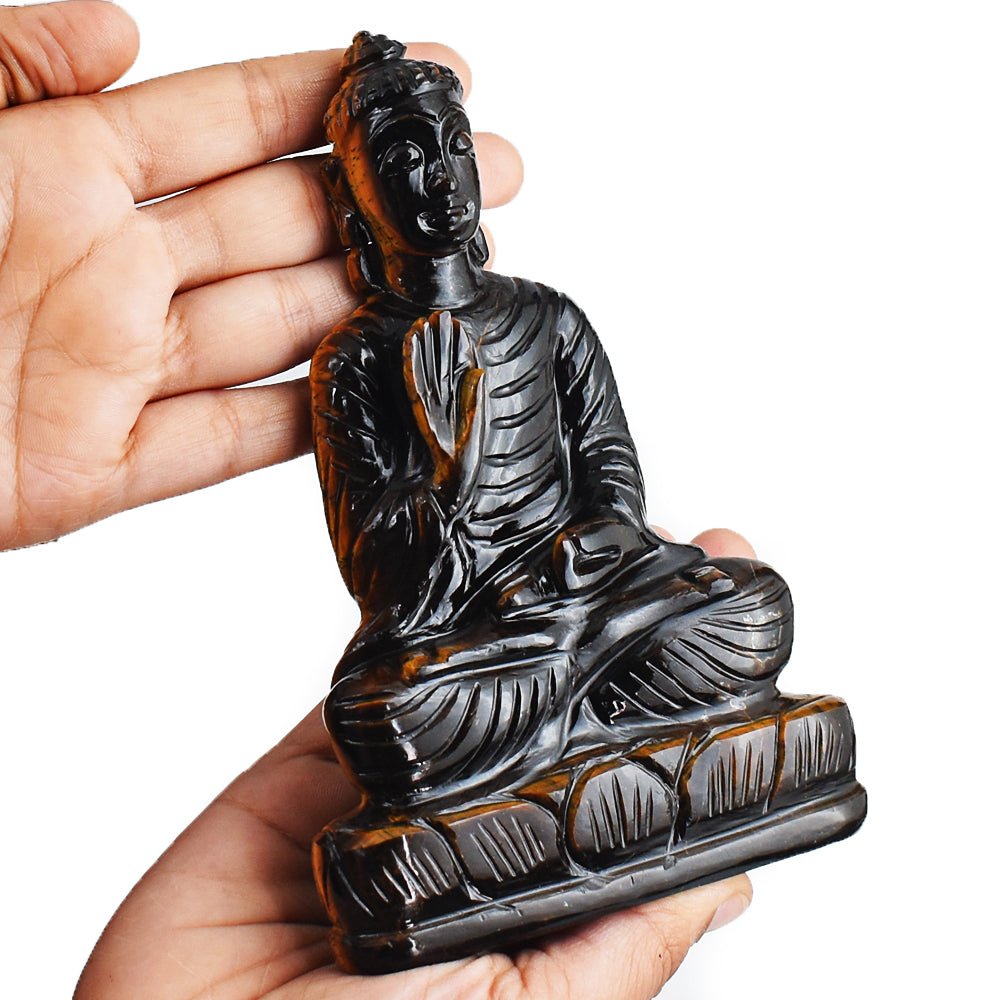 Awesome 2726.00 Cts Genuine Golden Tiger Eye  Hand Carved Crystal Lord Buddha Statue Gemstone Carving