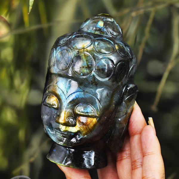 Craftsmen 2447.00 Cts Genuine Amazing Flash Labradorite Hand Carved Buddha Head Gemstone Carving