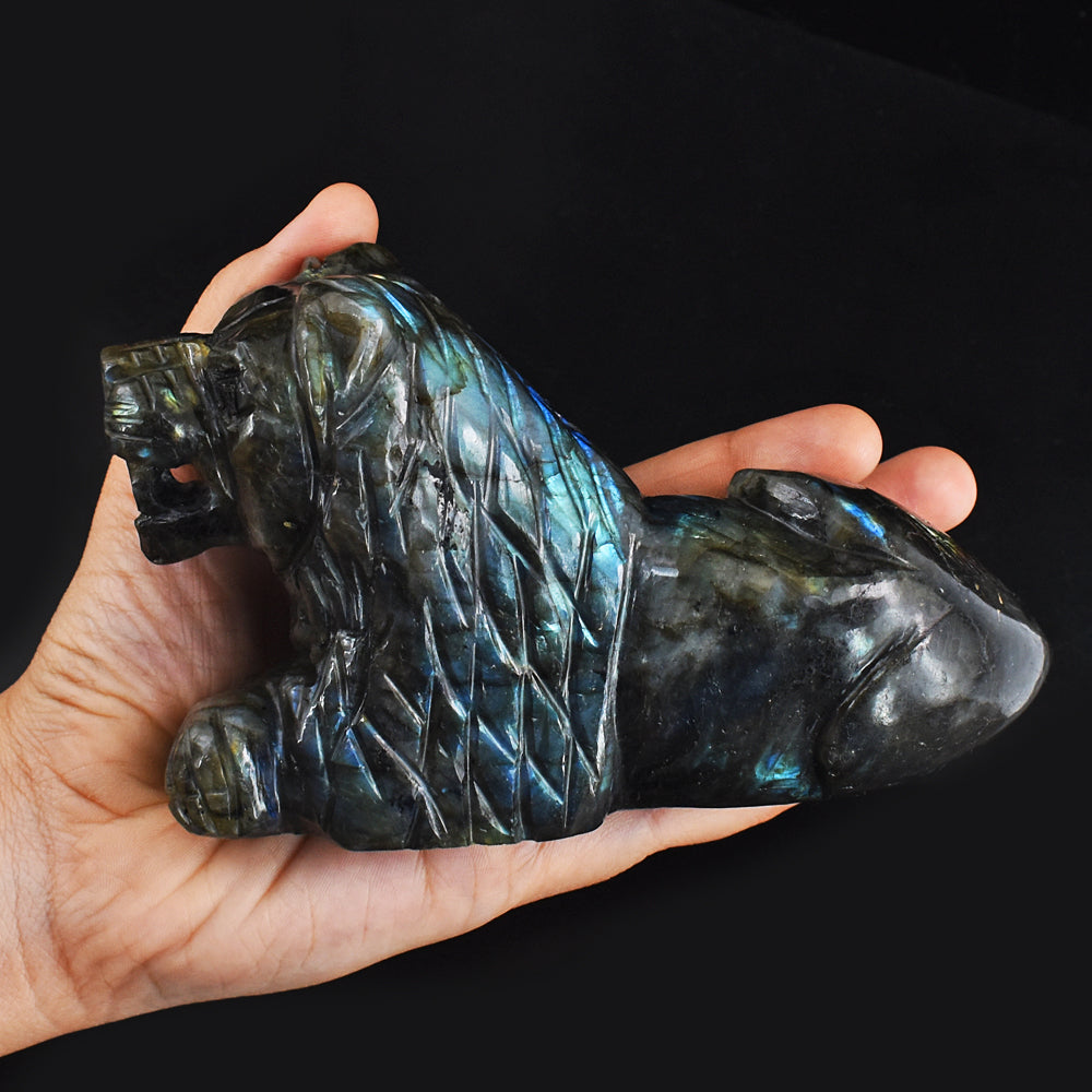 Amazing Flash Labradorite  3950.00 Cts  Genuine Hand Carved Crystal Gemstone Lion  Carving