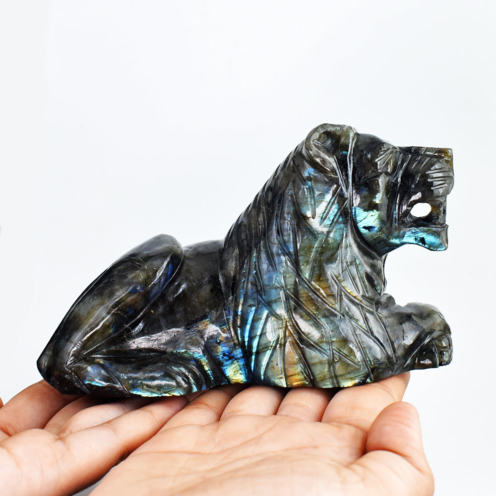 Amazing Flash Labradorite  3950.00 Cts  Genuine Hand Carved Crystal Gemstone Lion  Carving