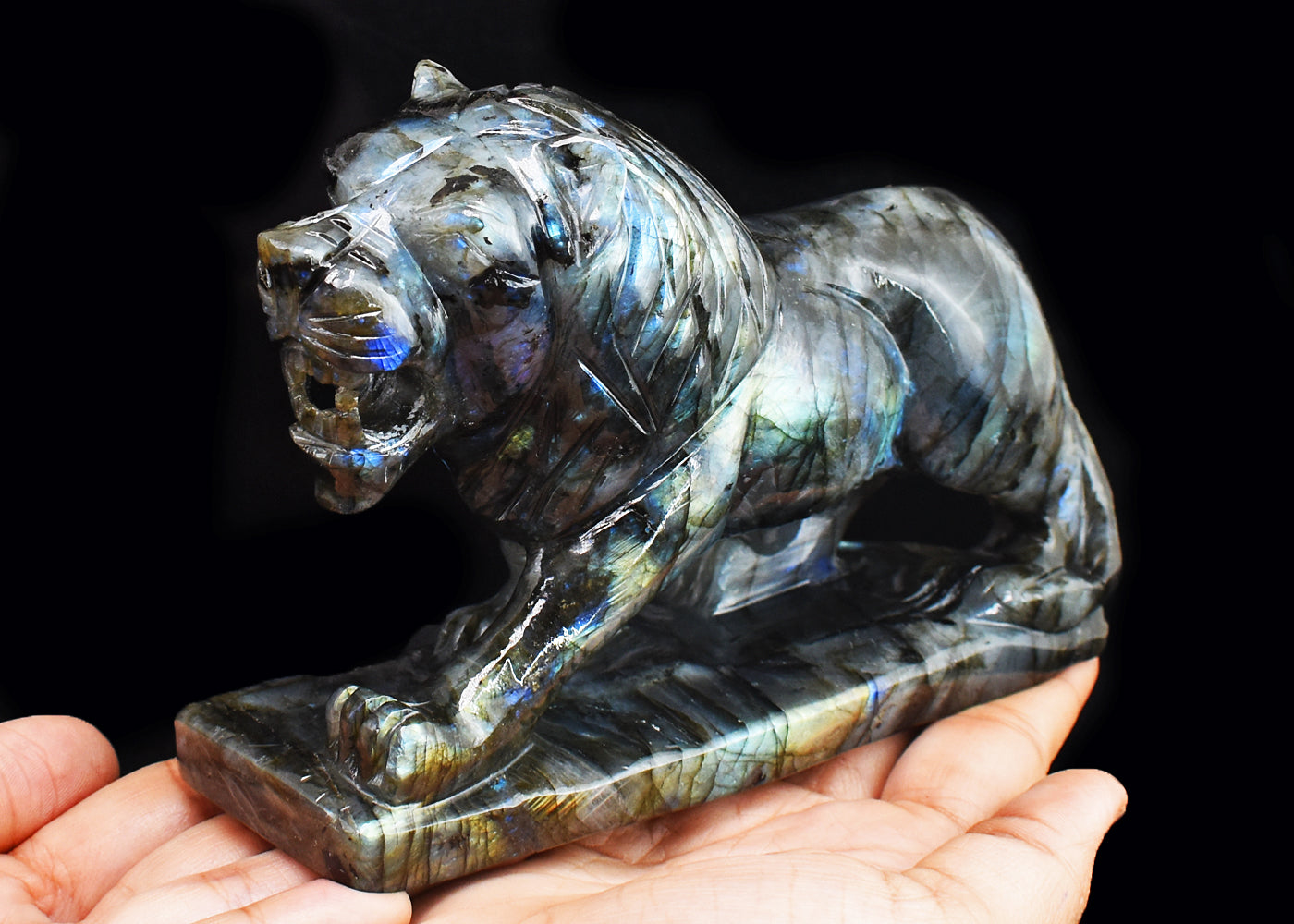 Exclusive 4350.00 Cts  Genuine Amazing Flash Labradorite Hand Carved Crystal Gemstone Lion  Carving