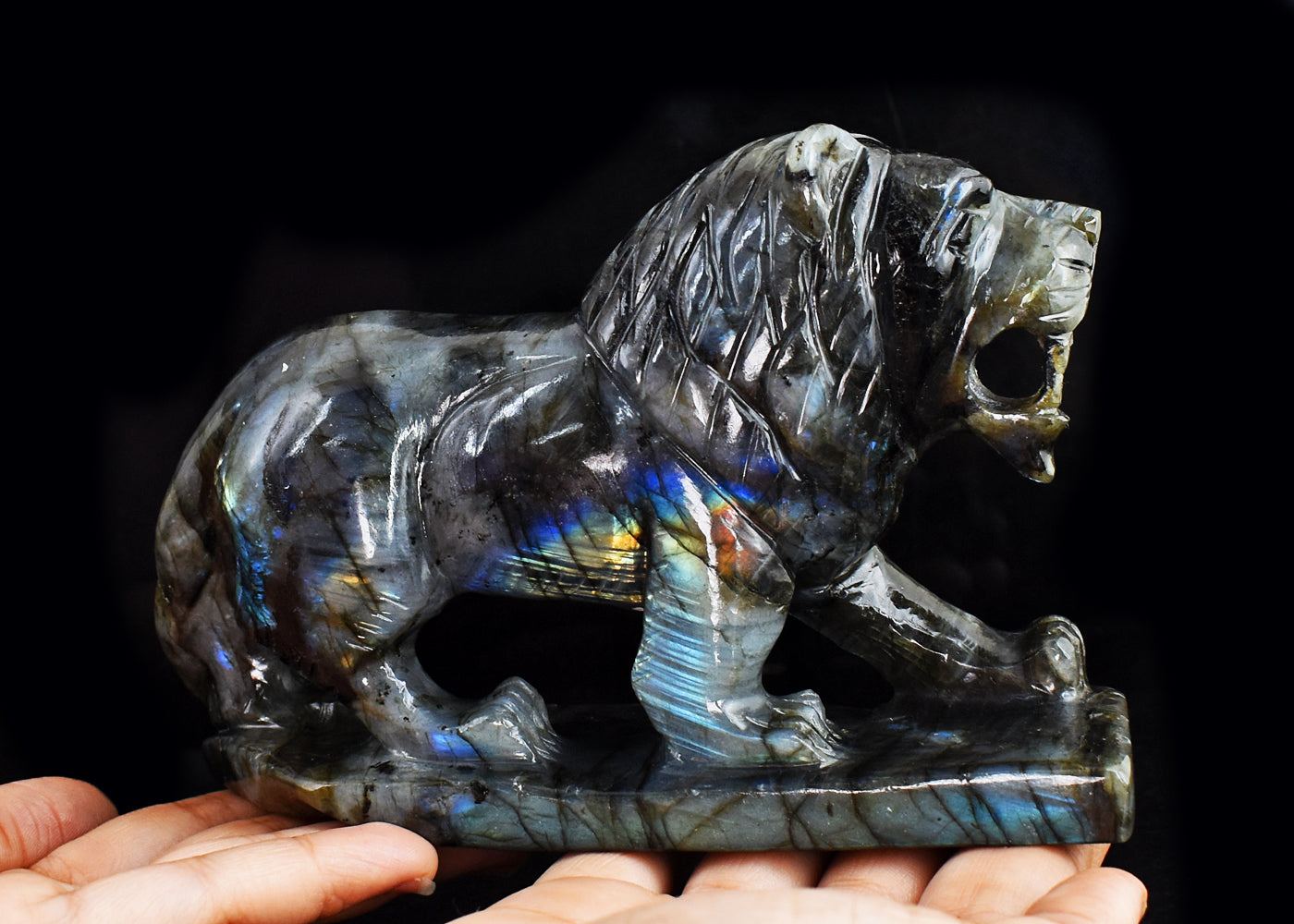 Exclusive 4350.00 Cts  Genuine Amazing Flash Labradorite Hand Carved Crystal Gemstone Lion  Carving