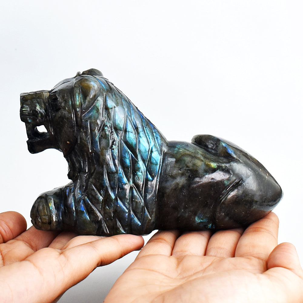 Amazing Flash Labradorite  3950.00 Cts  Genuine Hand Carved Crystal Gemstone Lion  Carving