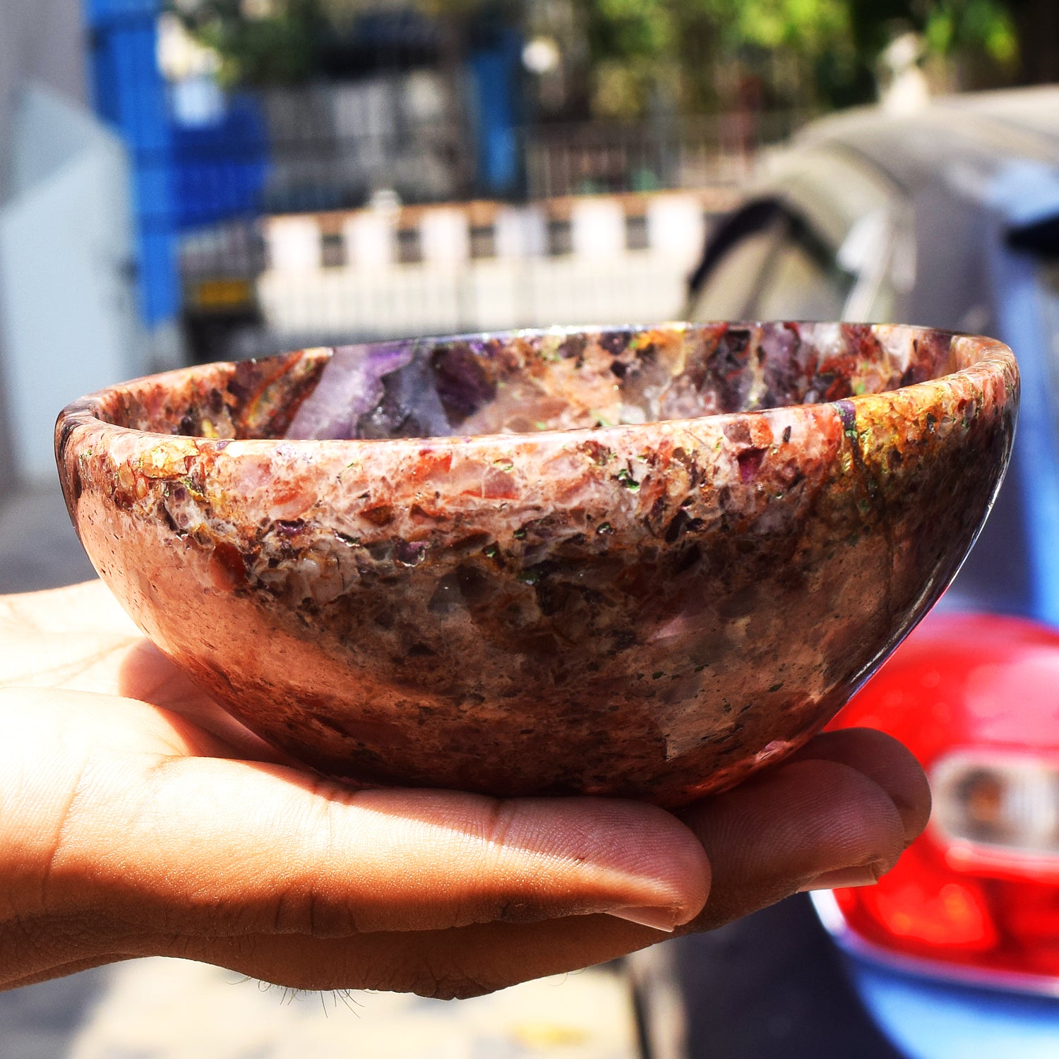 Amazing 1250.00 Carats Genuine Chevron Amethyst Hand Carved Crystal Gemstone Carving Big Bowl