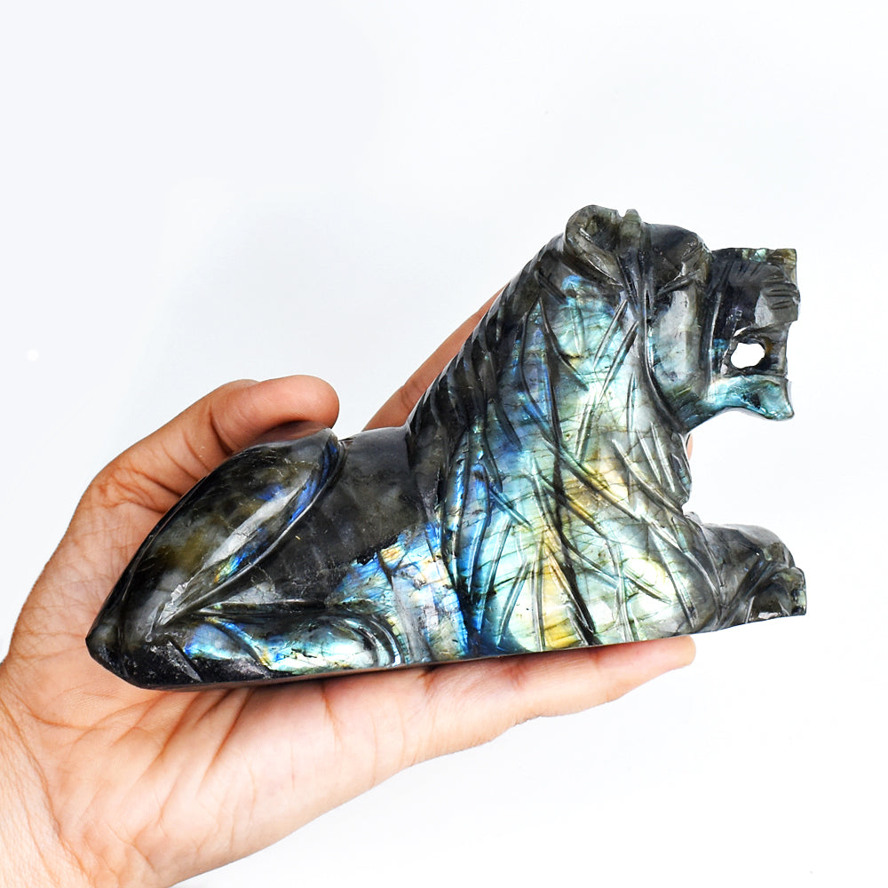 Amazing Flash Labradorite  3950.00 Cts  Genuine Hand Carved Crystal Gemstone Lion  Carving