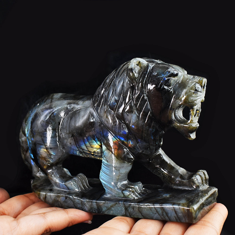 Exclusive 4350.00 Cts  Genuine Amazing Flash Labradorite Hand Carved Crystal Gemstone Lion  Carving