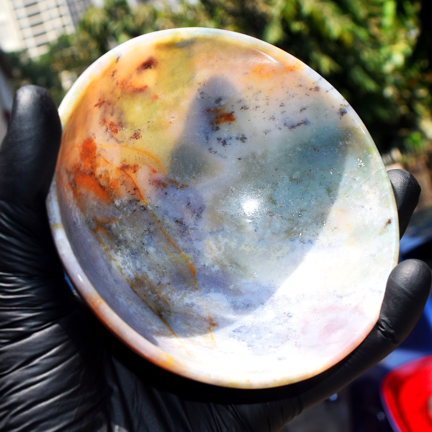 Extraordinary 498.00 Carats Genuine Multicolor Moss Agate Hand Carved Crystal Gemstone Carving Big Bowl