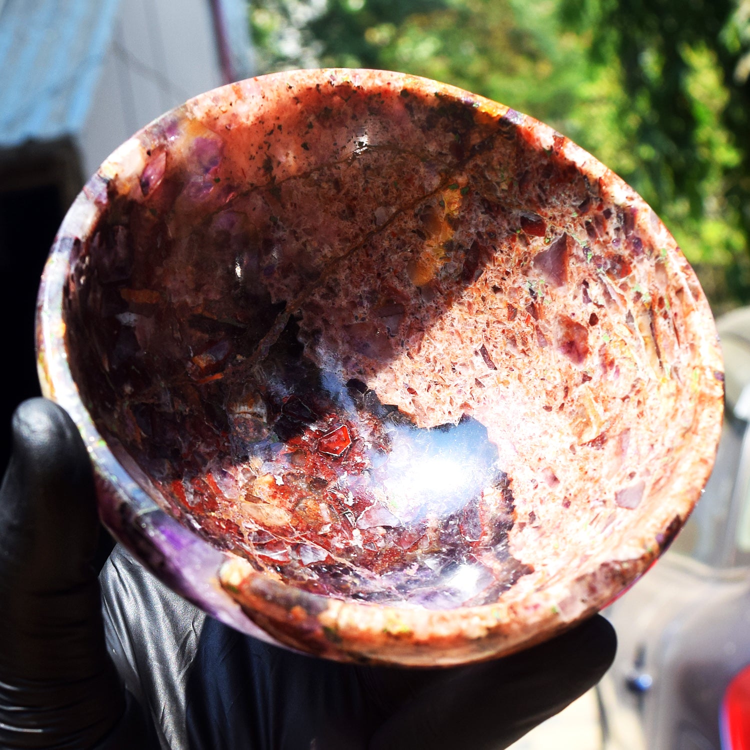 Amazing 1250.00 Carats Genuine Chevron Amethyst Hand Carved Crystal Gemstone Carving Big Bowl