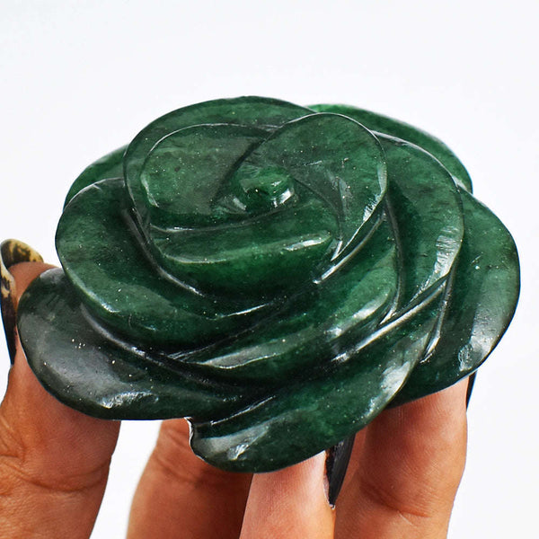 gemsmore:477.00 Cts Exclusive Green Jade Hand Carved Genuine Carving Rose Flower Gemstone