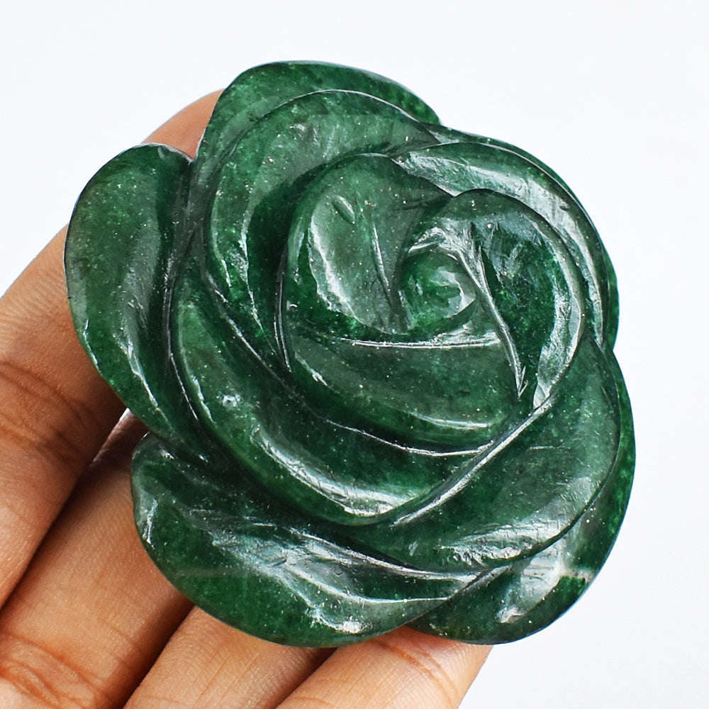 gemsmore:477.00 Cts Exclusive Green Jade Hand Carved Genuine Carving Rose Flower Gemstone