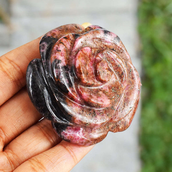 gemsmore:499.00 Carats Genuine  Natural  Rhodonite  Hand  Carved  Rose   Gemstone  Carving