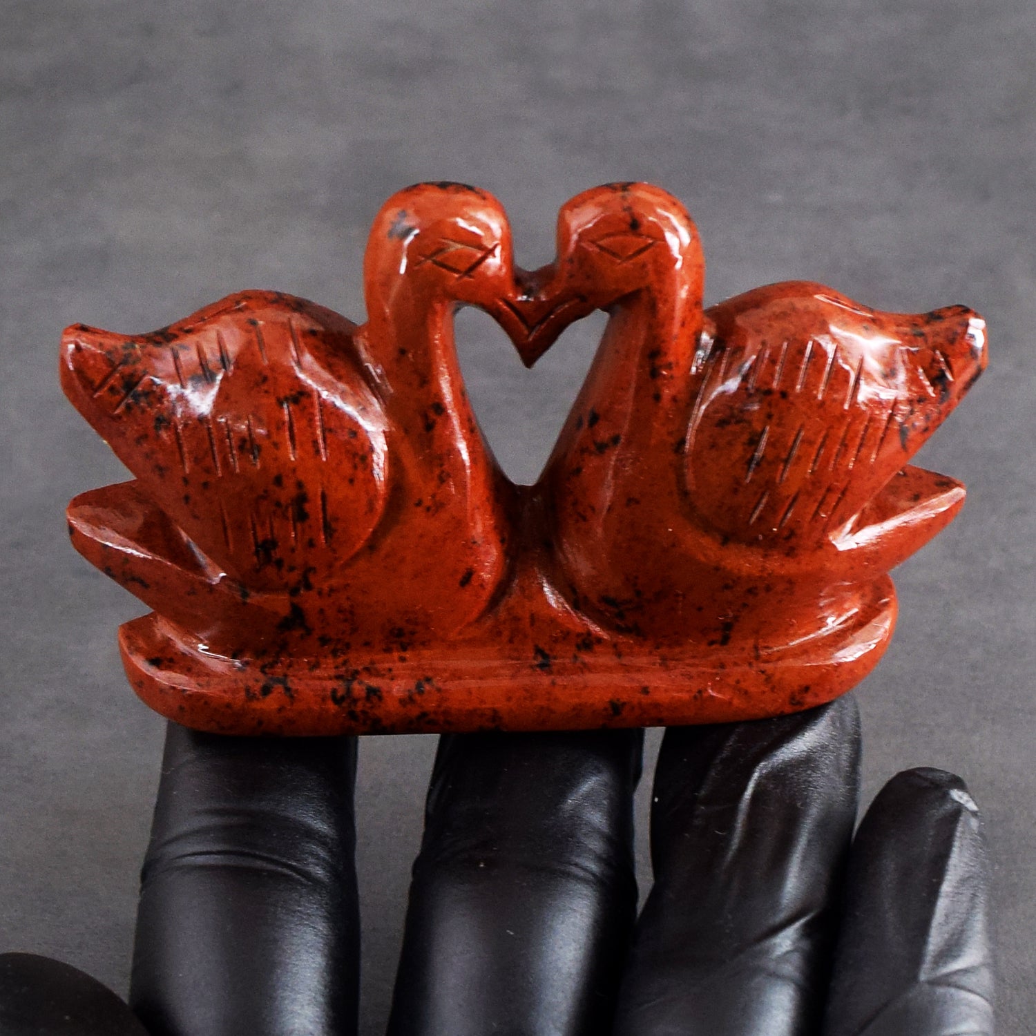 Wonderful 507.00 Cts Genuine Mahogany Jasper Carved Premium Love Swan Pair
