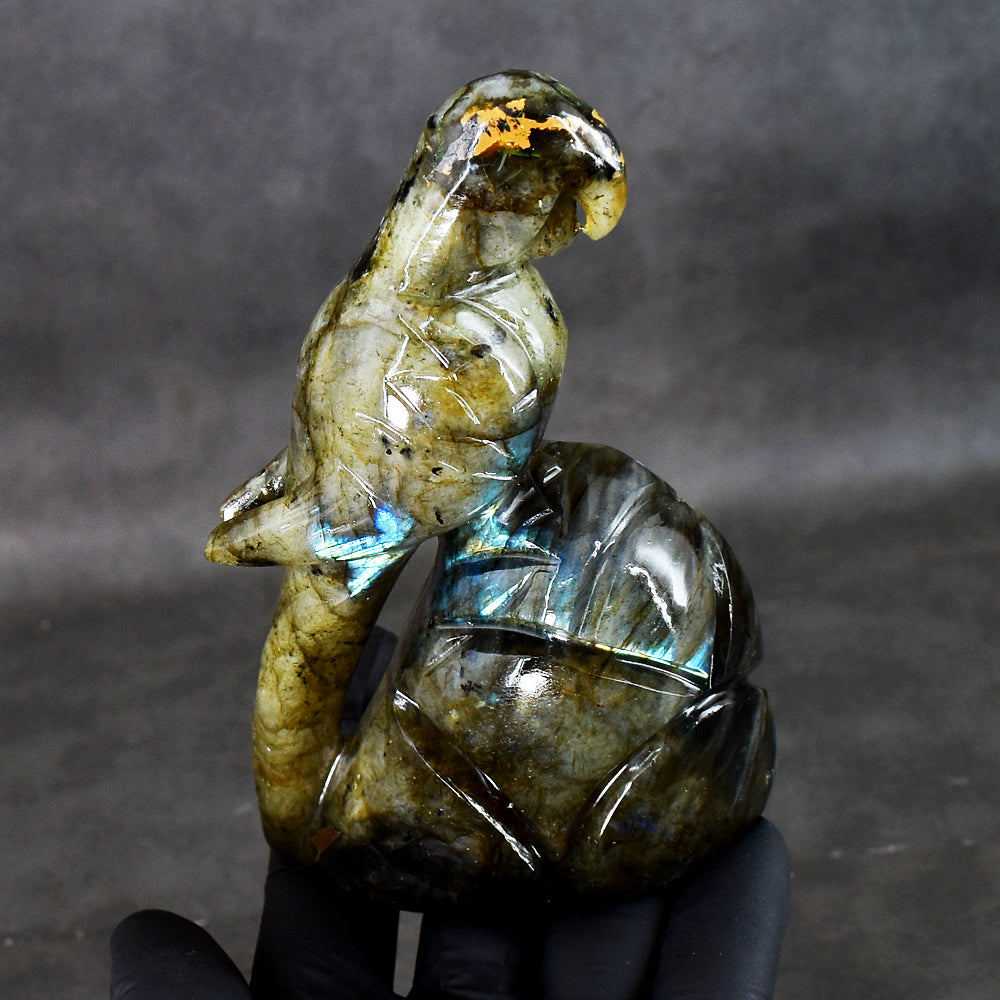 Gorgeous 1716.00 Cts Genuine Amazing Flash Labradorite Hand Carved Crystal Parrot Gemstone Carving