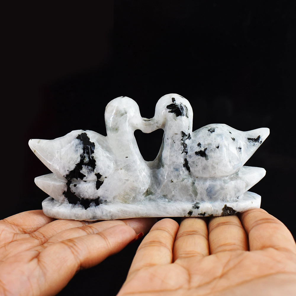 Amazing  965.00 Cts Blue Flash Moonstone Hand Carved Crystal Swan Pair Gemstone Carving