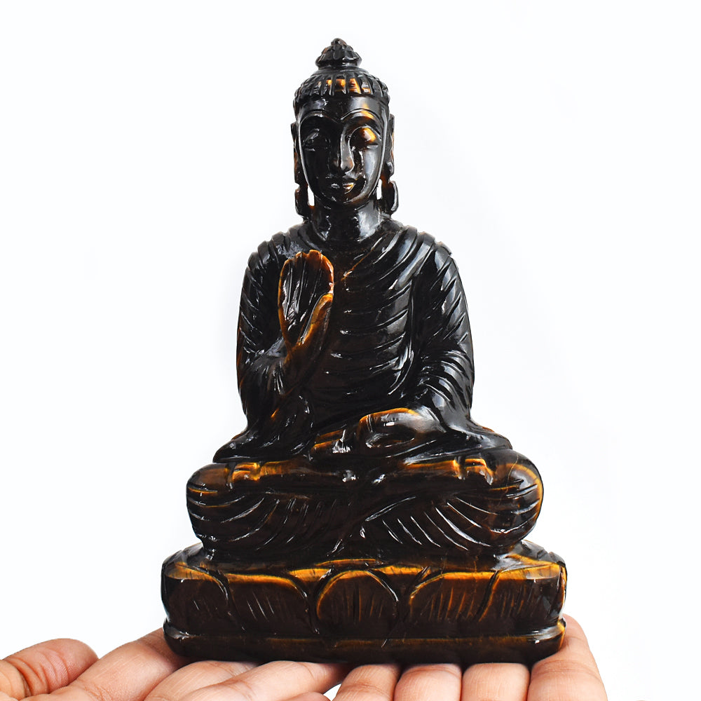 Awesome 2726.00 Cts Genuine Golden Tiger Eye  Hand Carved Crystal Lord Buddha Statue Gemstone Carving