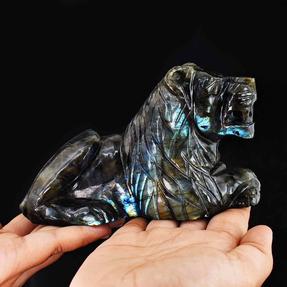 Amazing Flash Labradorite  3950.00 Cts  Genuine Hand Carved Crystal Gemstone Lion  Carving