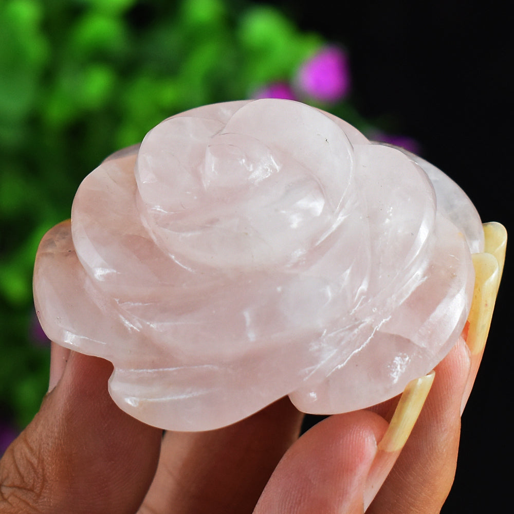 Natural  262.00 Cts  Genuine  Pink  Rose  Quartz  Hand  Carved  Rose  Flower Gemstone Carving