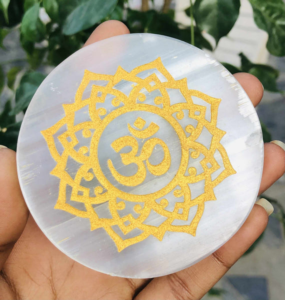 Exclusive Selenite 3 Inches Genuine "OM" Healing Gemstone Crystal Coaster