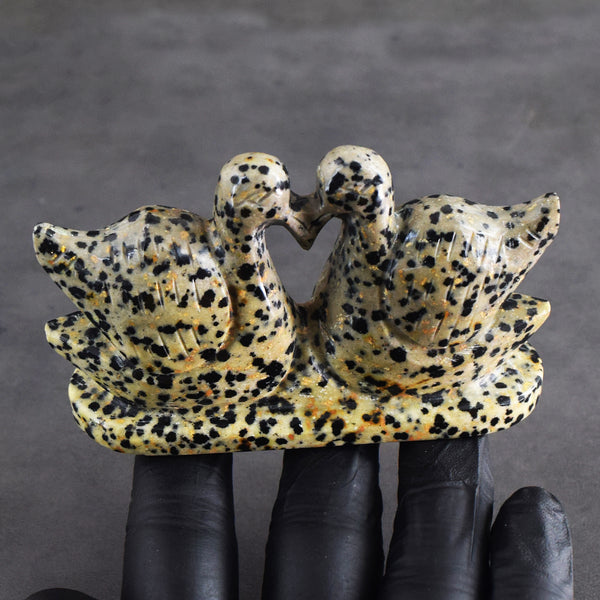 Cordial 768.00  Cts Genuine Dalmation Jasper Hand Carved Premium Love Swan Pait