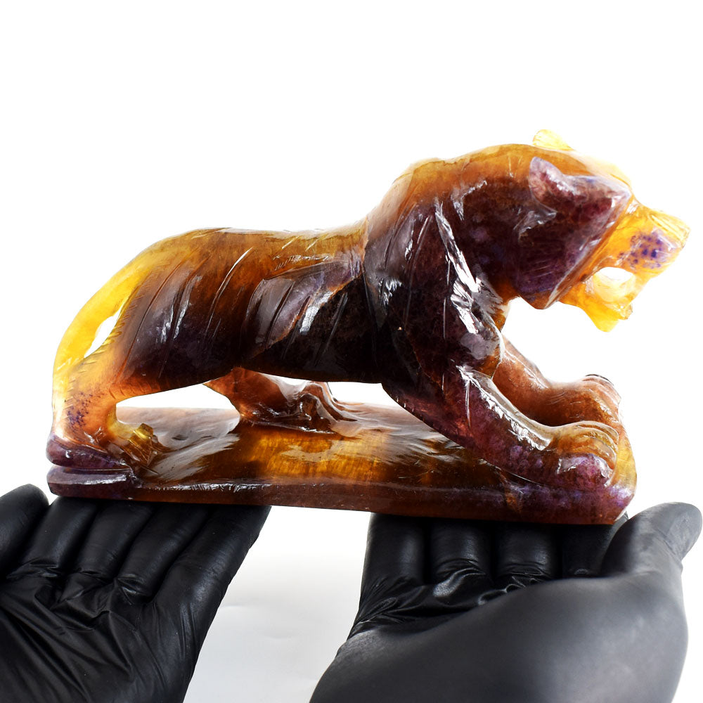 Exclusive 4580.00 Cts Genuine Multicolor Fluorite Hand Carved Gemstone Lion Crystal Carving
