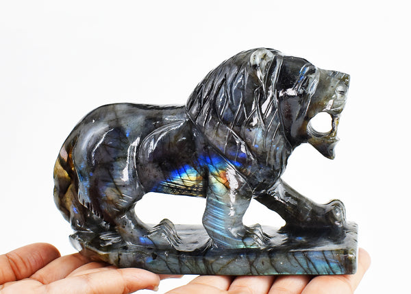 Exclusive 4350.00 Cts  Genuine Amazing Flash Labradorite Hand Carved Crystal Gemstone Lion  Carving