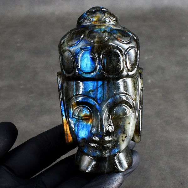 Natural 1604.00 Cts Genuine Blue Flash Labradorite Carved Crystal Buddha Head Gemstone Carving