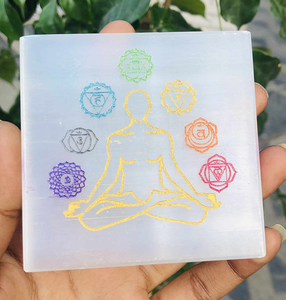 Beautiful 3 Inches Genuine Selenite Seven Chakra Healing Yoga Crystal Coaster