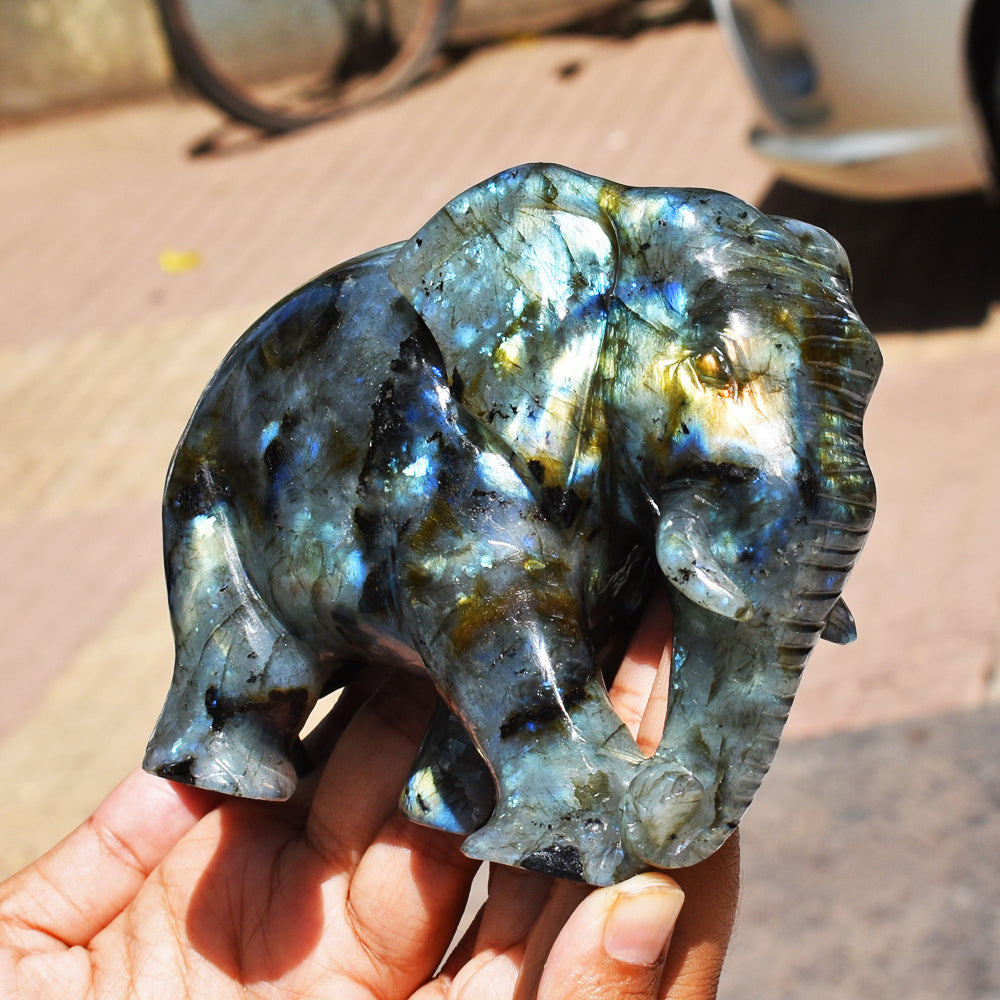 Stunning 4238.00 Cts Genuine Amazing Flash Labradorite Hand Carved Crystal Gemstone Elephant Carving