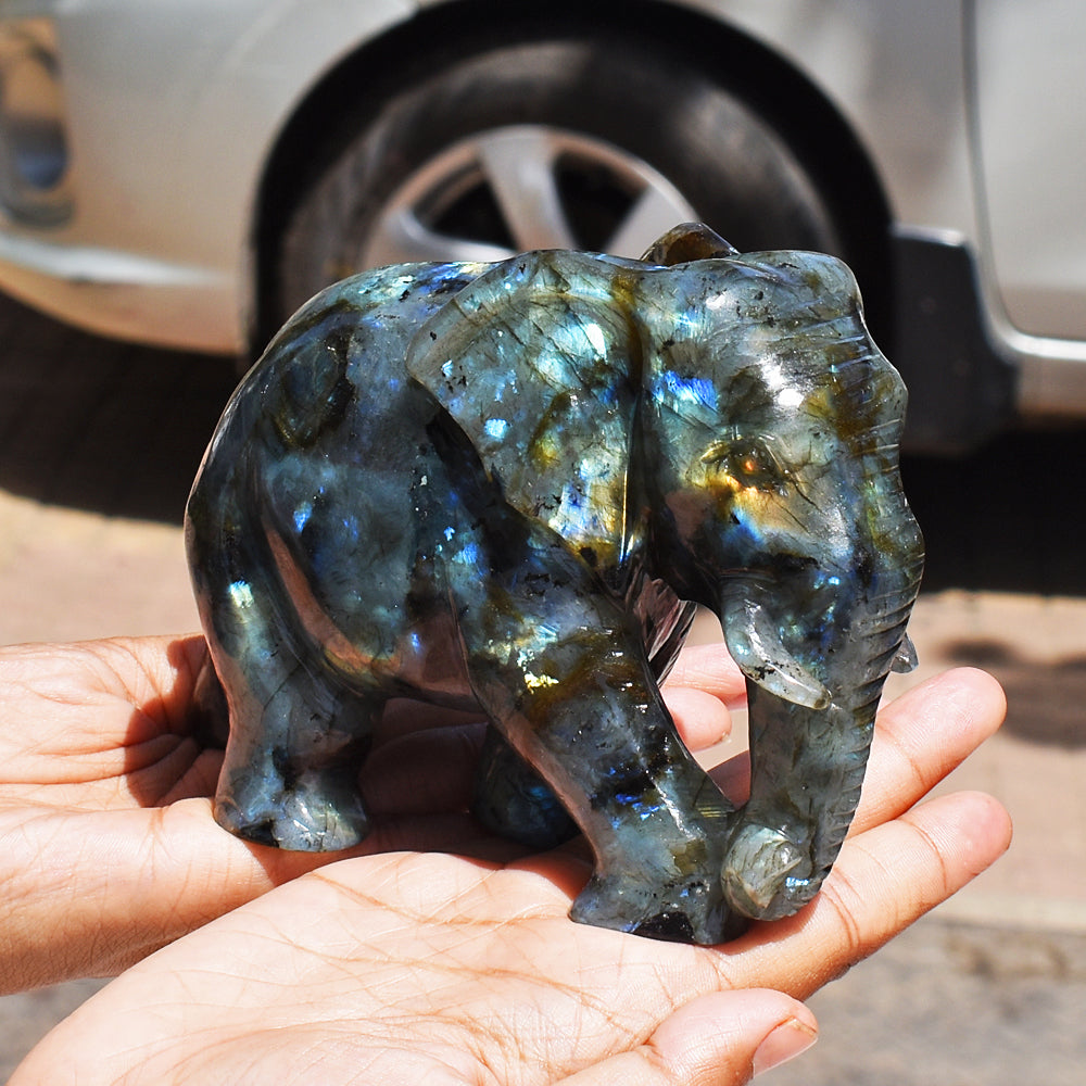 Stunning 4238.00 Cts Genuine Amazing Flash Labradorite Hand Carved Crystal Gemstone Elephant Carving