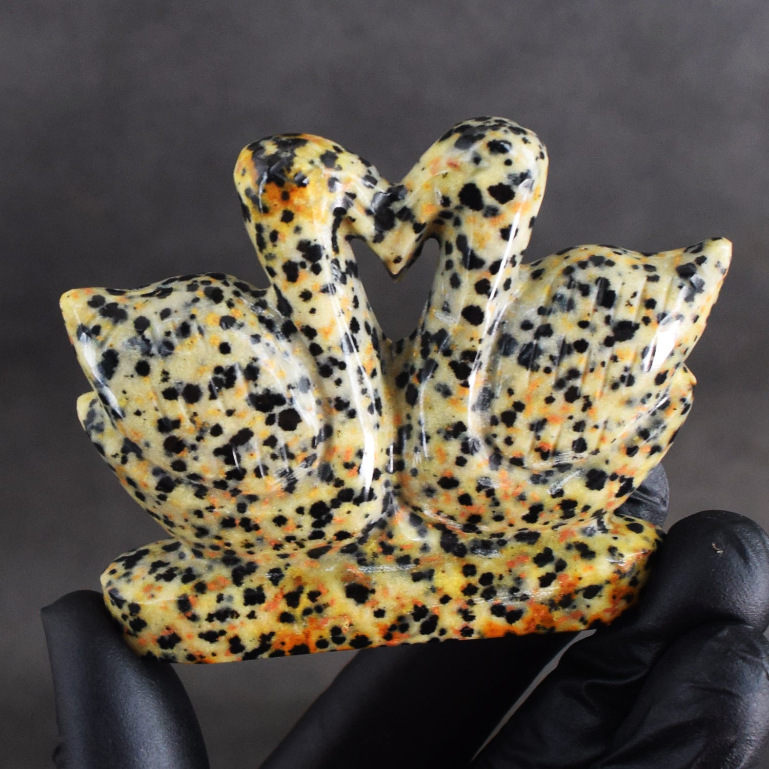 Morbid 472.00 Cts Genuine Dalmation Jasper Carved Premium Love Swan Pair
