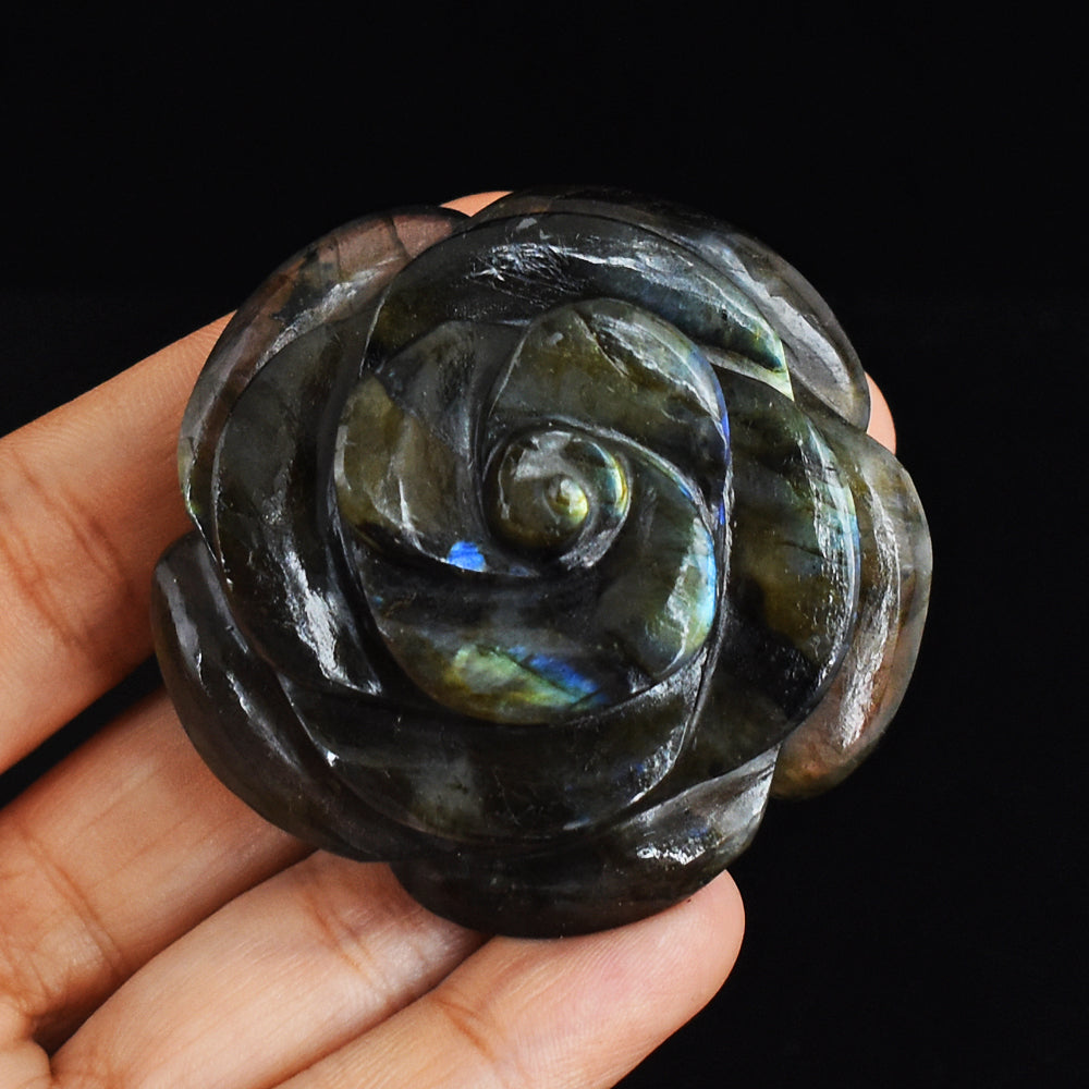 413.00 Caratsc Genuine Golden &  Blue  Flash  Labradorite Hand  Carved Gemstone  Crystal  Rose  Flower  Carving
