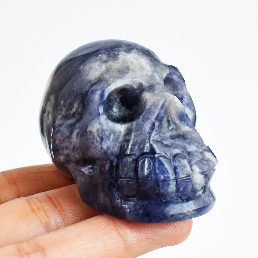 Artisian 572.00 Carats Genuine  Blue Iolite Hnad Carved Crystal Gemstone Skull Carving