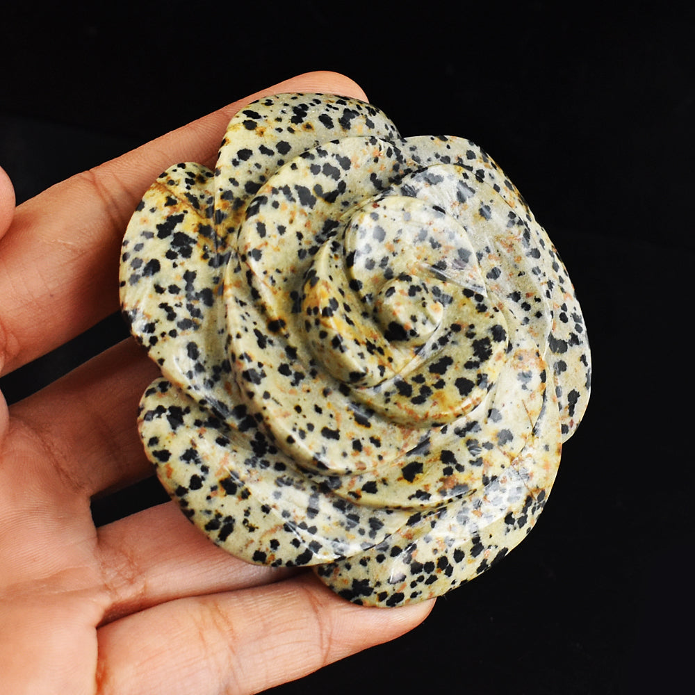 Exclusive 884.00 Carats Genuine Dalmation Jasper  Hand  Carved Crystal  Rose  Flower Gemstone Carving
