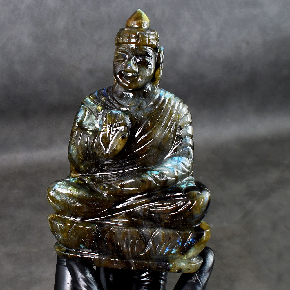 Artisian 1799.00 Cts Genuine Blue Flash Labradorite Hand Carved Gemstone Buddha Idol Crystal Carving