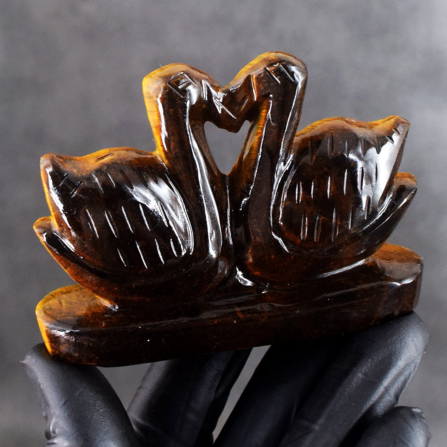 Exclusive 612.00 Cts Genuine Tiger Eye Carved Love Premium Swan Pair