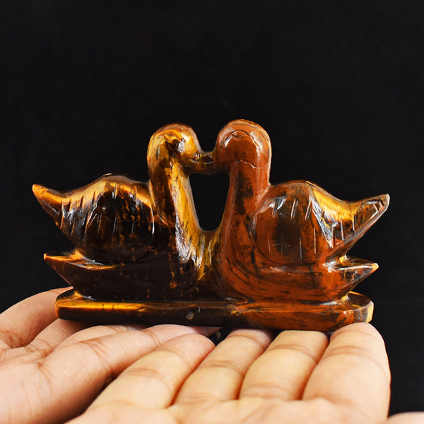 Natural  632.00 Carats  Genuine Tiger Eye Hand Carved Genuine Crystal Swan Pair Carving