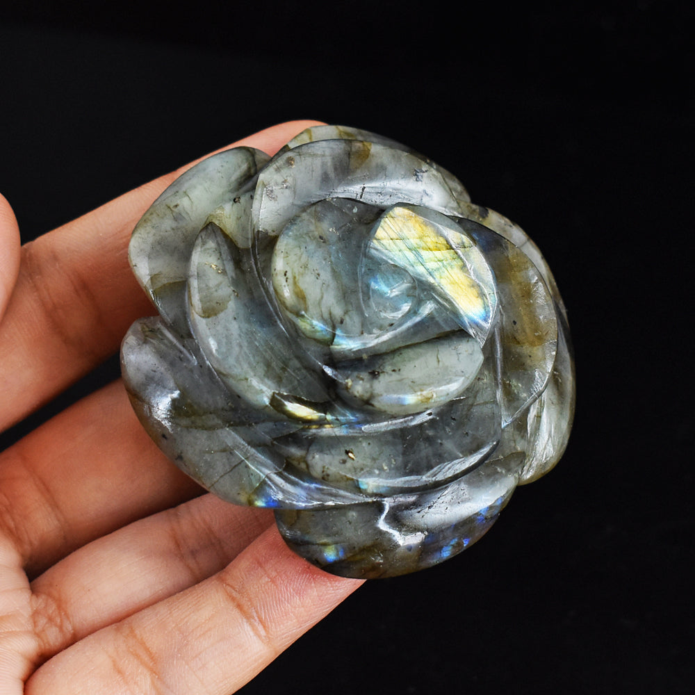 Golden &  Blue Flash  Labradorite  510.00 Carats  Genuine  Hand  Carved  Gemstone  Rose  Flower Carving