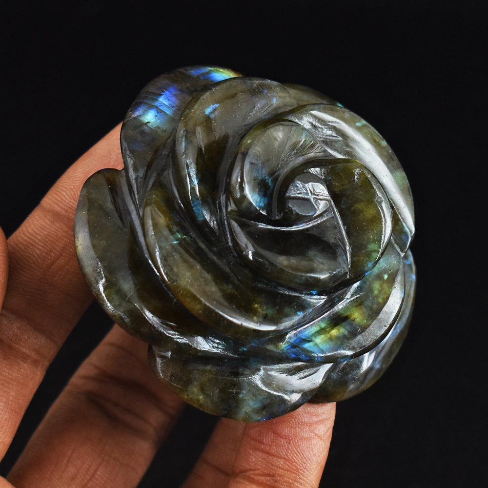 470.00 Carats Genuine Golden & Blue Flash Labradorite Hand  Carved Gemstone Crystal Rose Flower Carving