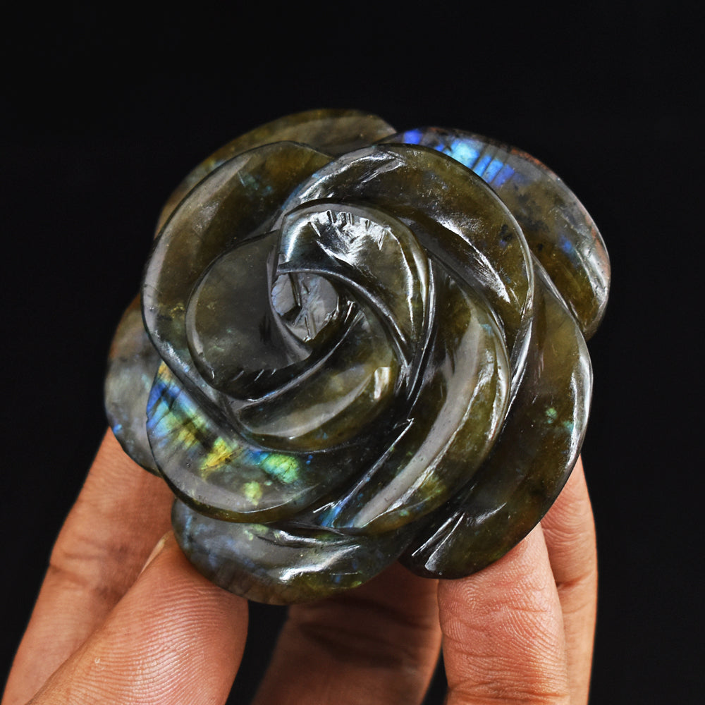 470.00 Carats Genuine Golden & Blue Flash Labradorite Hand  Carved Gemstone Crystal Rose Flower Carving