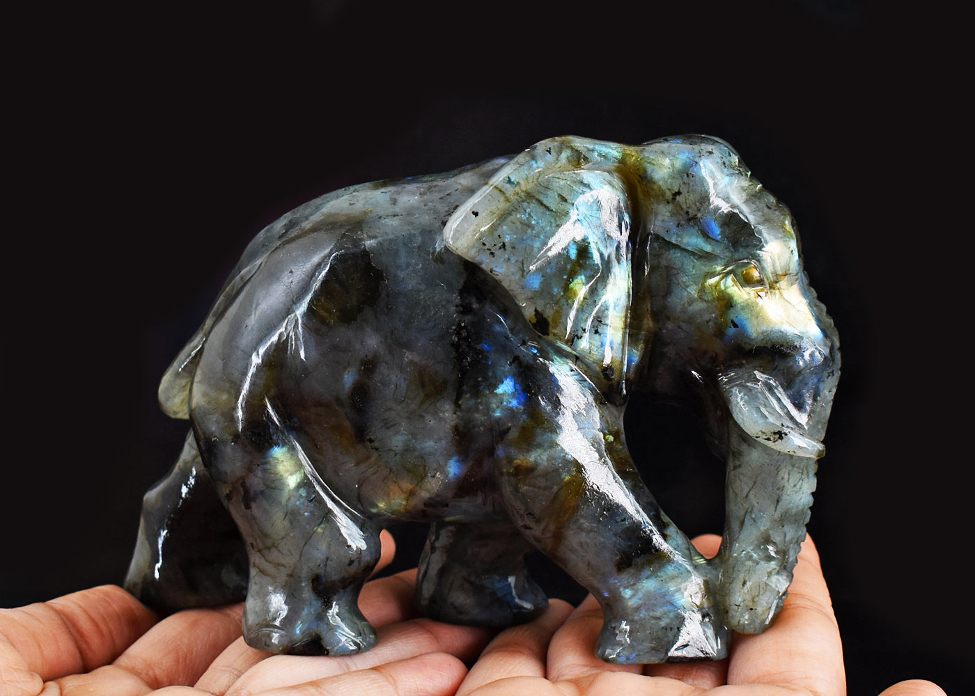 Stunning 4238.00 Cts Genuine Amazing Flash Labradorite Hand Carved Crystal Gemstone Elephant Carving