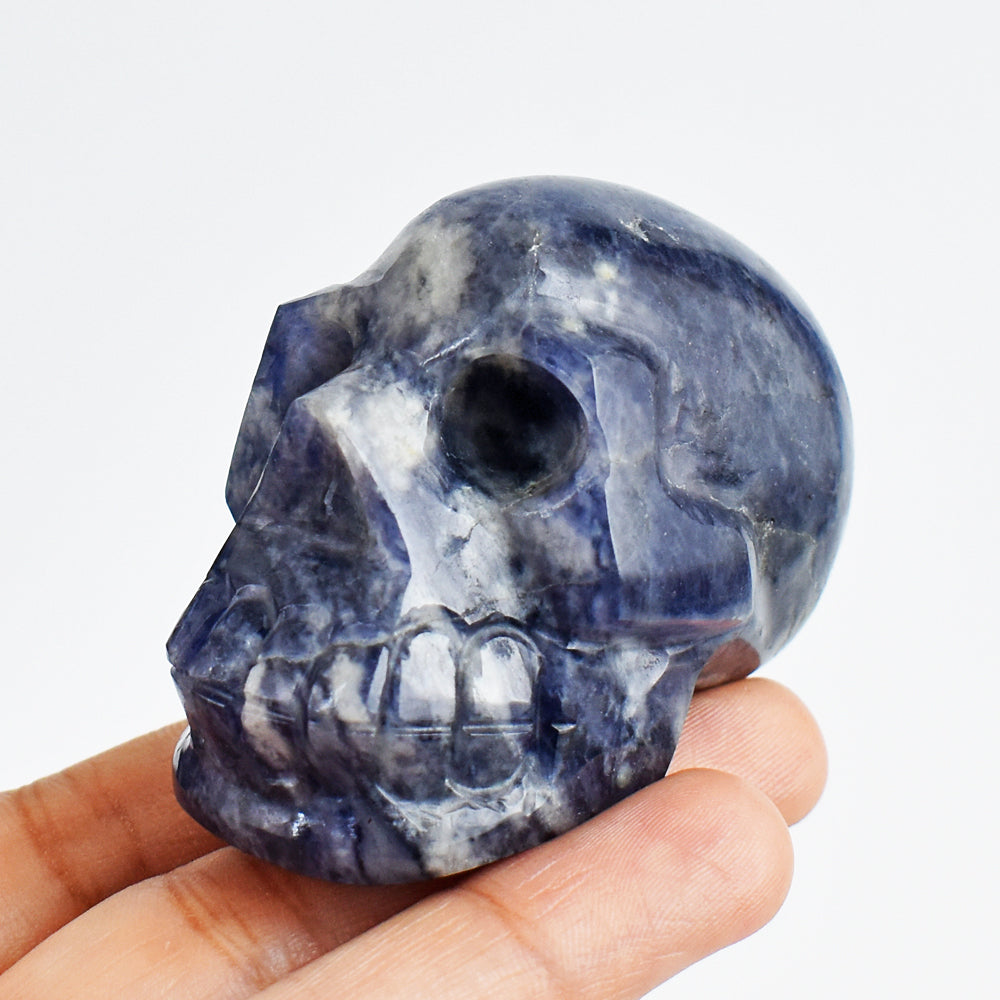 Artisian 572.00 Carats Genuine  Blue Iolite Hnad Carved Crystal Gemstone Skull Carving