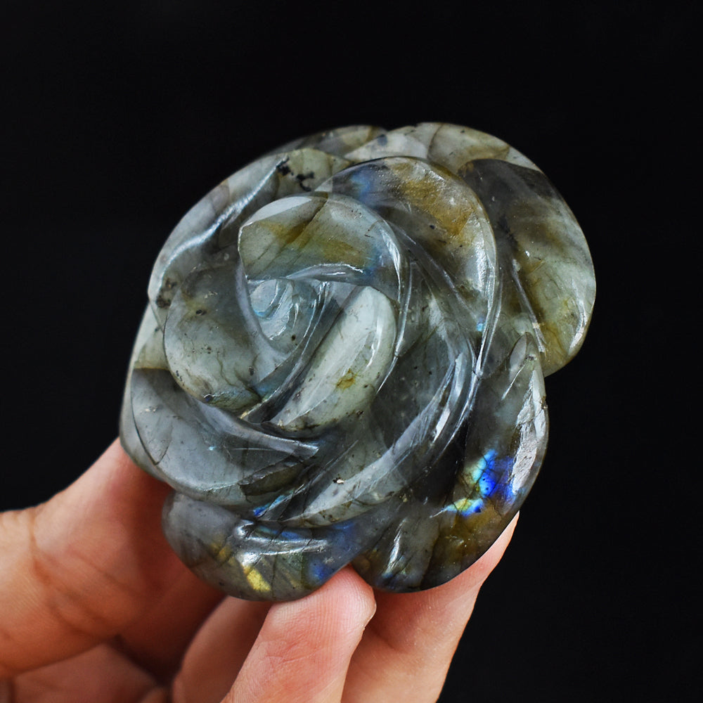 Golden &  Blue Flash  Labradorite  510.00 Carats  Genuine  Hand  Carved  Gemstone  Rose  Flower Carving