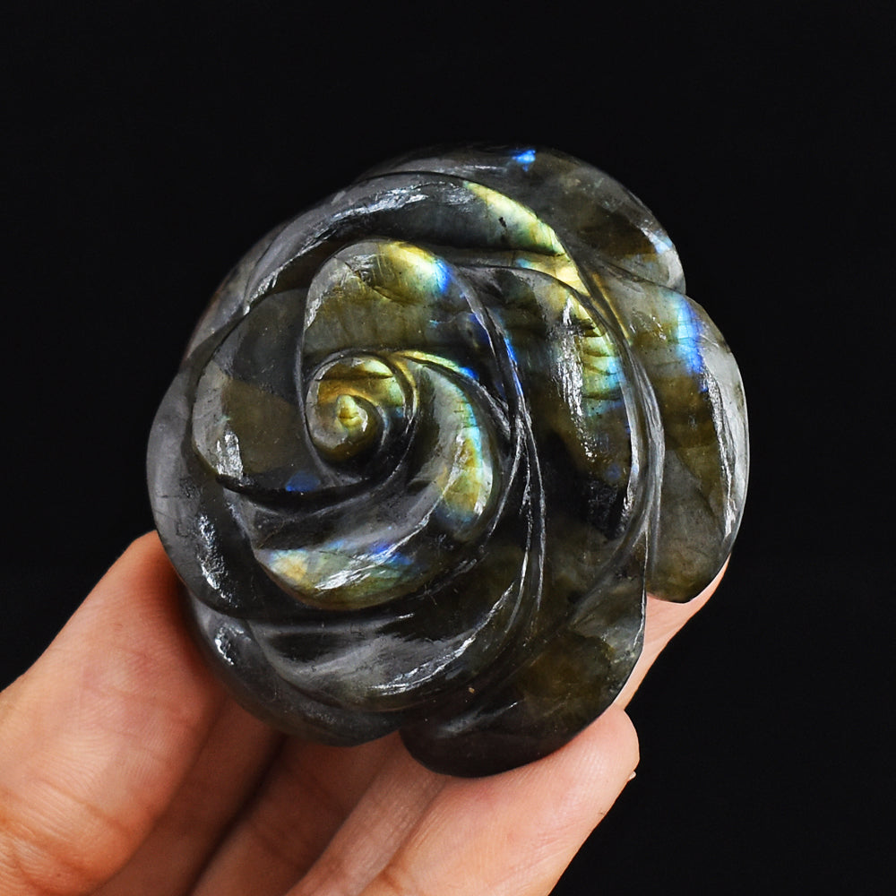 413.00 Caratsc Genuine Golden &  Blue  Flash  Labradorite Hand  Carved Gemstone  Crystal  Rose  Flower  Carving