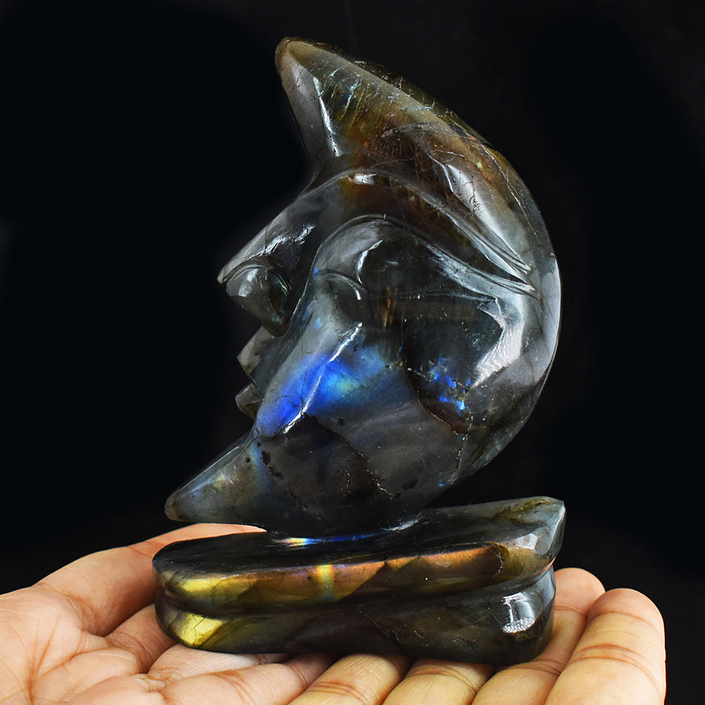 Genuine  1315.00 Carats  Amazing  Flash Labradorite Moon With Stand Hand  Carved  Gemstone Carving