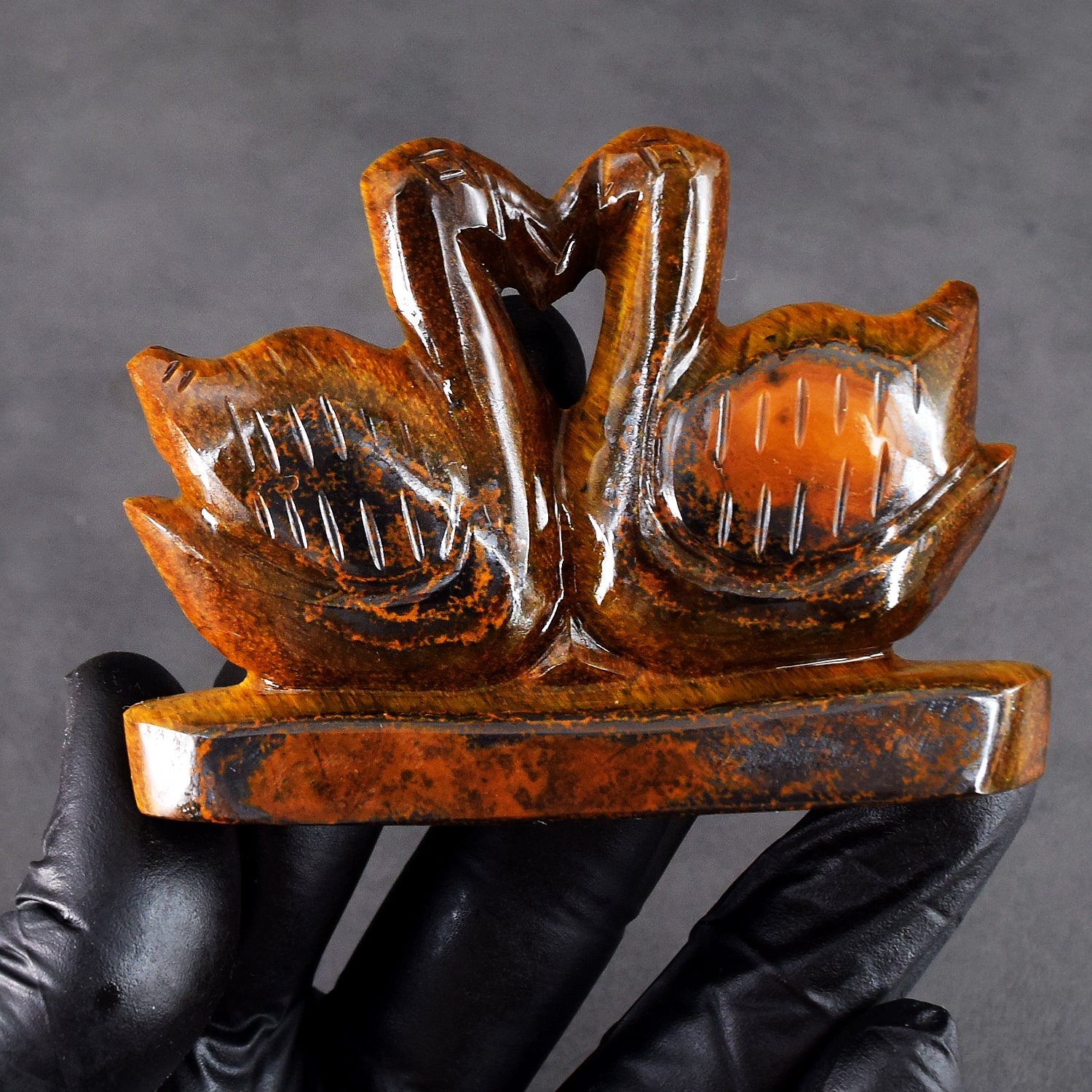 Exclusive 612.00 Cts Genuine Tiger Eye Carved Love Premium Swan Pair