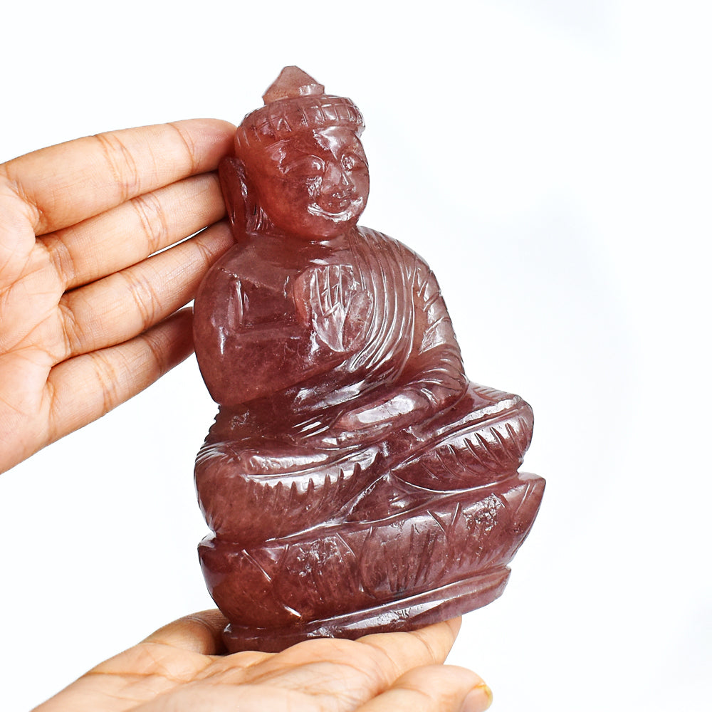 Artisian 3011.00 Cts Genuine Strawberry Quartz Hand Carved Crystal Gemstone Carving Lord Buddha