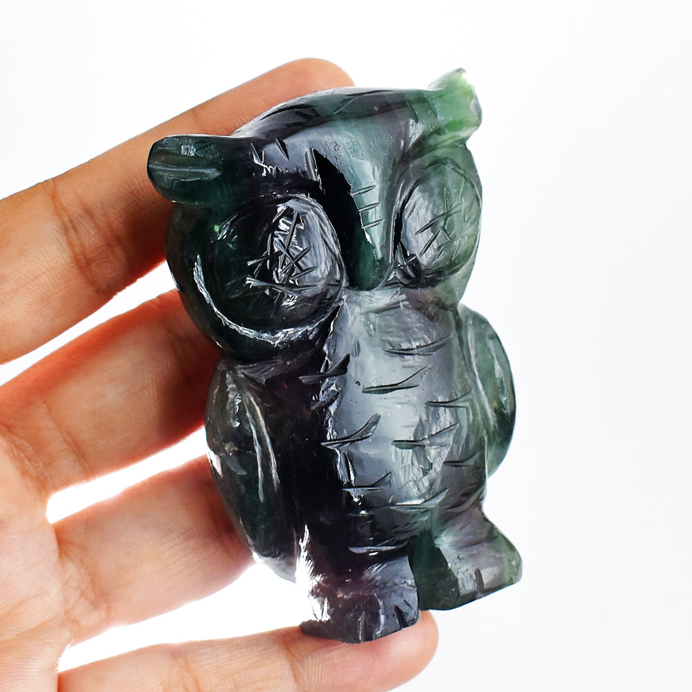 Natural 916.00 Cts  Genuine  Multicolor  Fluorite Hand Carved Crystal Gemstone Owl Carving