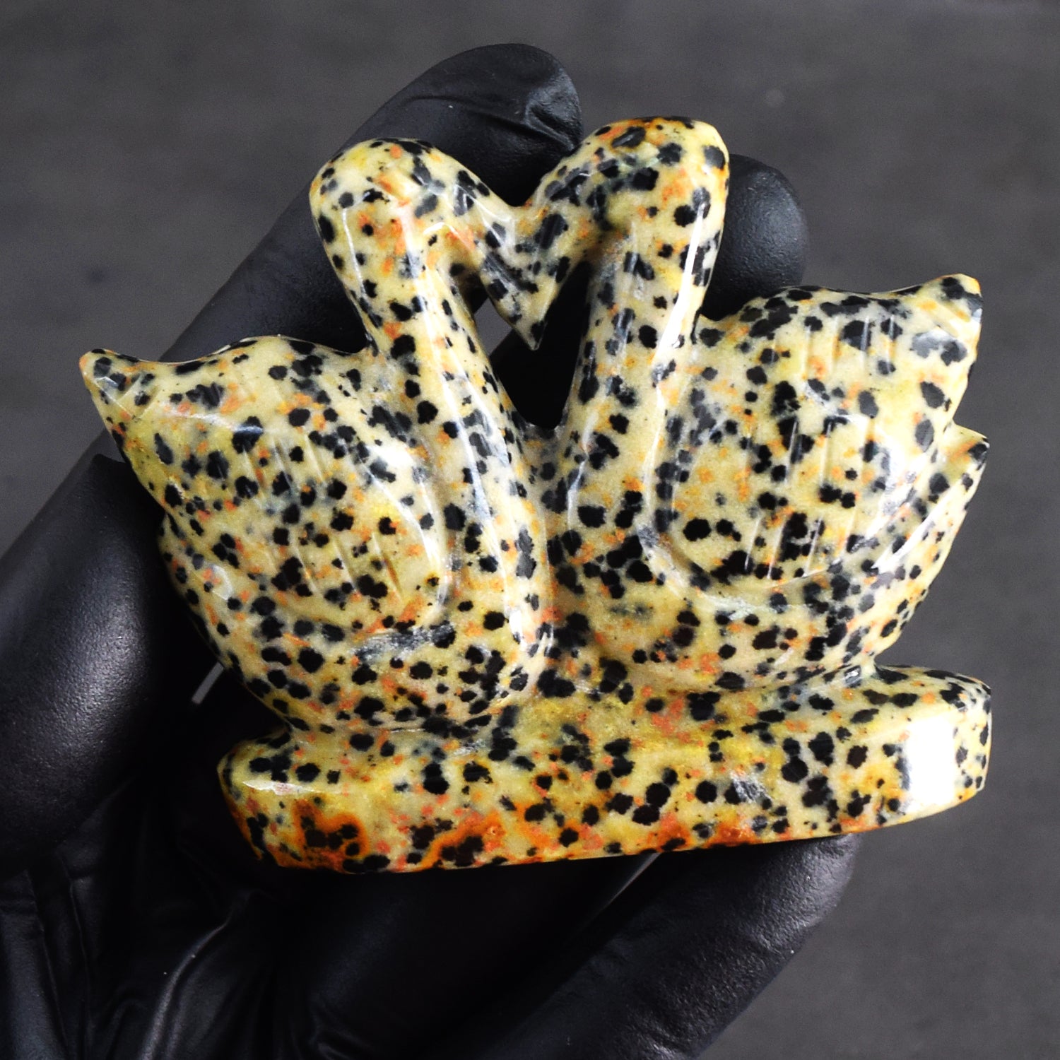 Morbid 472.00 Cts Genuine Dalmation Jasper Carved Premium Love Swan Pair