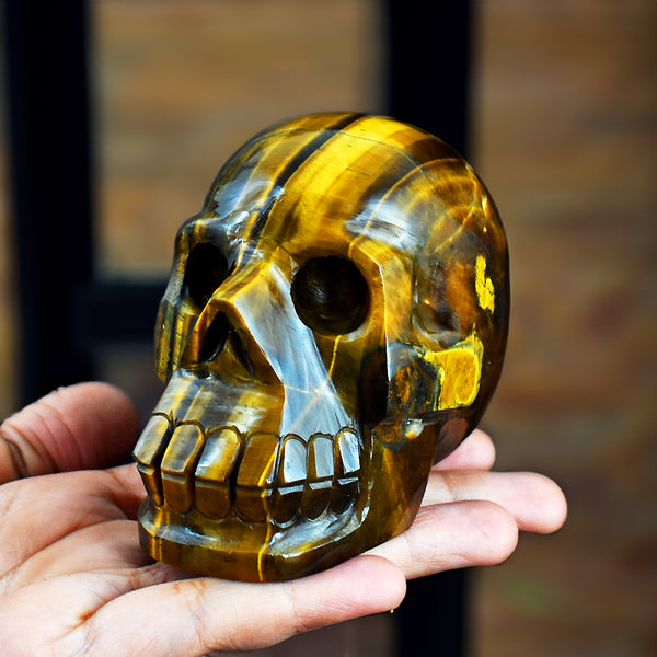 Amazing 2185.00 Carats Genuine Golden Tiger Eye Hand Carved Crystal Gemstone Carving Skull